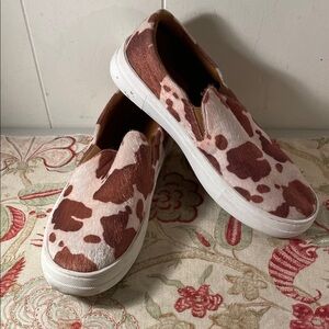 Matisse Brown and White Cow Synthetic Textile Print Slip On Shoe or Sneaker